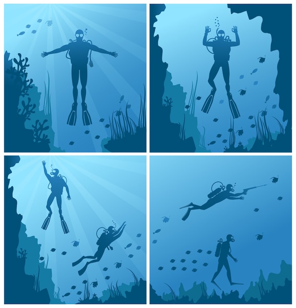 Vetor grátis mergulhadores subaquáticos. oceano e mar, mergulho em profundidade, mergulho e recife, peixes naturais.