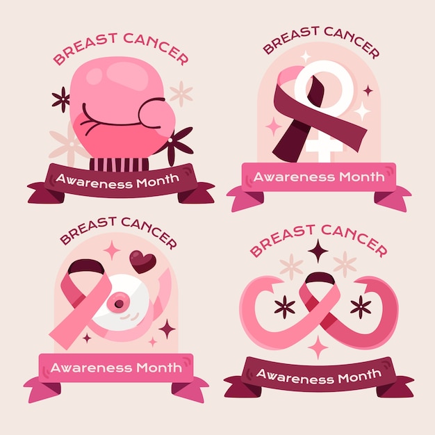 Vetor grátis mês de conscientização do câncer de mama coleção de etiquetas planas desenhadas à mão