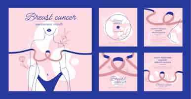 Vetor grátis mês de conscientização do câncer de mama coleção de postagem de ig plana desenhada à mão