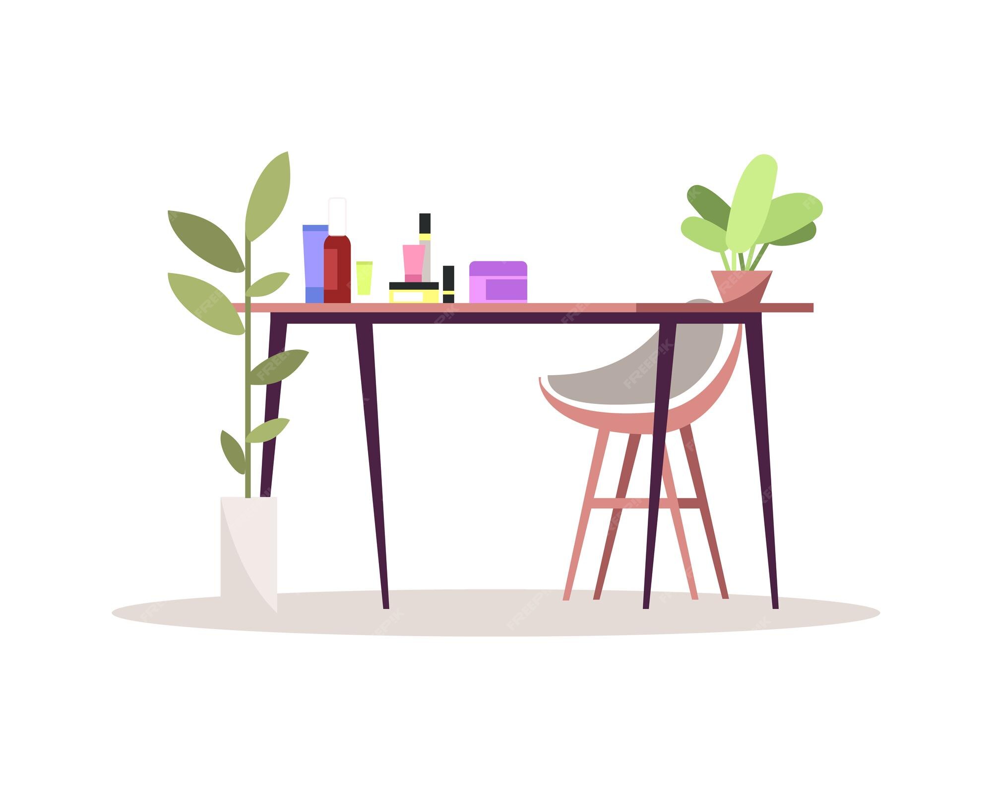 Mesa Com Ilustracao Em Vetor Cor Rgb Semi Plana De Produtos Cosmeticos Local De Aplicacao De Maquiagem Espaco Para Cuidados Com A Pele Feminina Contador De Beleza De Mulher Isolado Objeto De