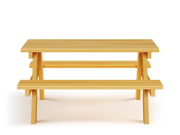 Mesa de piquenique de madeira com bancos, móveis de madeira em fundo branco.