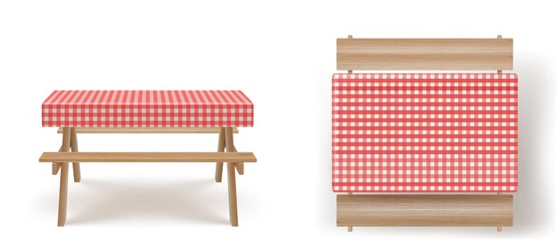 Mesa de piquenique de madeira com vetor de toalha de mesa de bancos