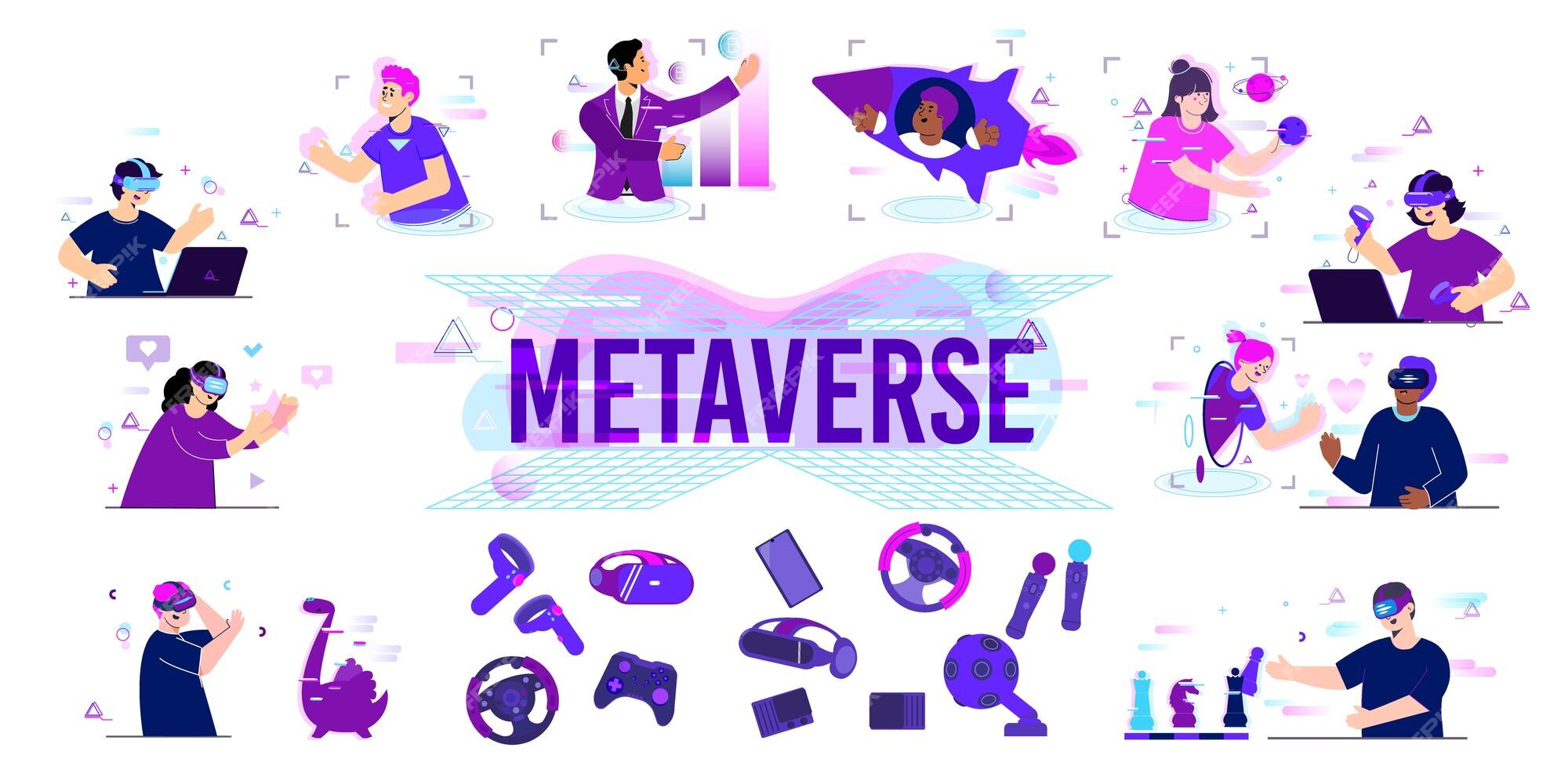 metaverso e conceito de tecnologia. moldura hexagonal e ícones do mundo  virtual, como jogar jogos online, aprender online, usar uma tela de 360  graus, usar óculos vr em fundo azul. 5631671 Vetor