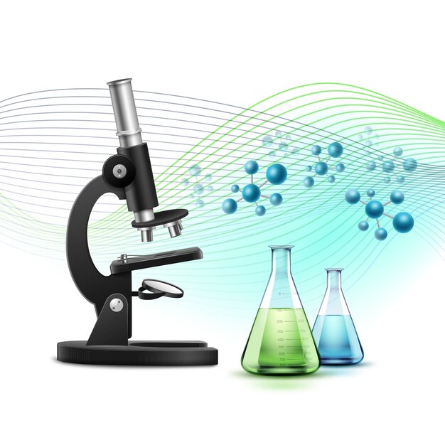 Microscópio óptico de metal preto de vetor com frascos cheios de líquido azul verde e compostos químicos isolados no fundo