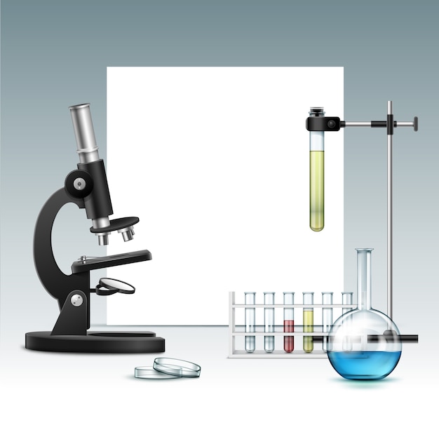 Microscópio óptico de metal preto de vetor com placa de Petri de vidro transparente, frasco, tubos de ensaio com líquido verde vermelho, suporte de laboratório e copyspace isolado no fundo