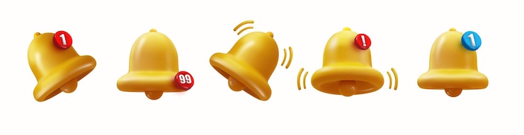 Vetor grátis mídia social de sinos de notificação 3d vector ícone de sino de mensagem realista definir símbolos de sino para o aplicativo web ui conceito de mídia social