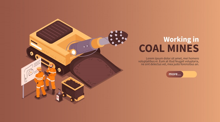 Vetor grátis mina a composição isométrica do banner com slider mais texto editável de botão e caracteres humanos da ilustração de mineiros de carvão