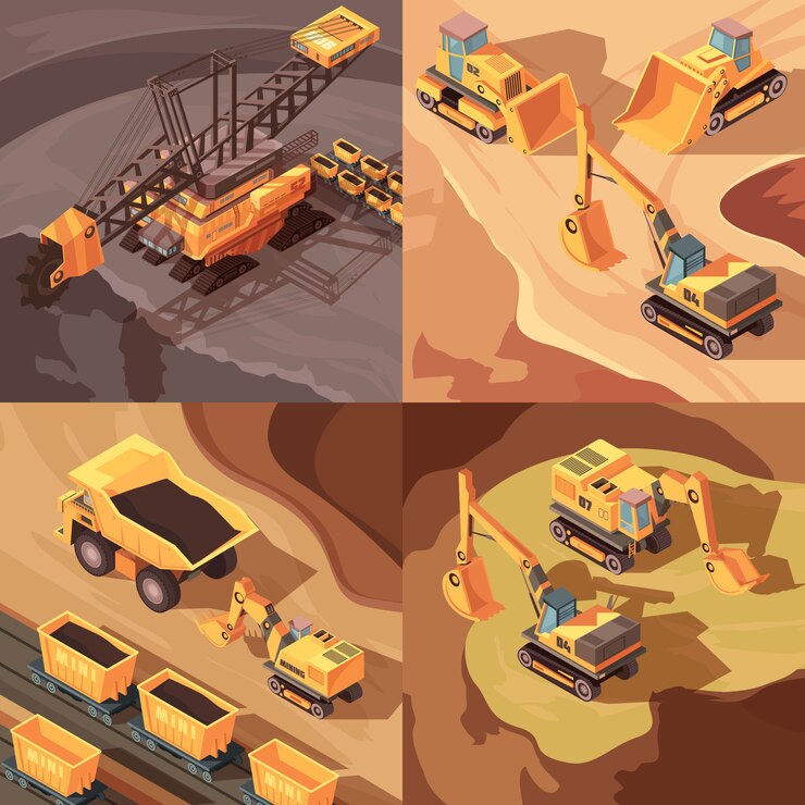 Vetor grátis mineração conjunto de composições quadradas com equipamentos de máquinas