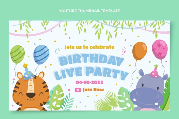 Miniatura de festa de aniversário da selva de design plano do youtube