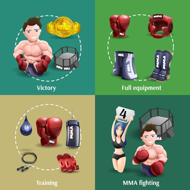 Vetor grátis mma fighting 4 3d icons square