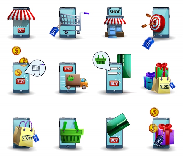 Vetor grátis mobile commerce m-commerce conjunto de ícones 3d
