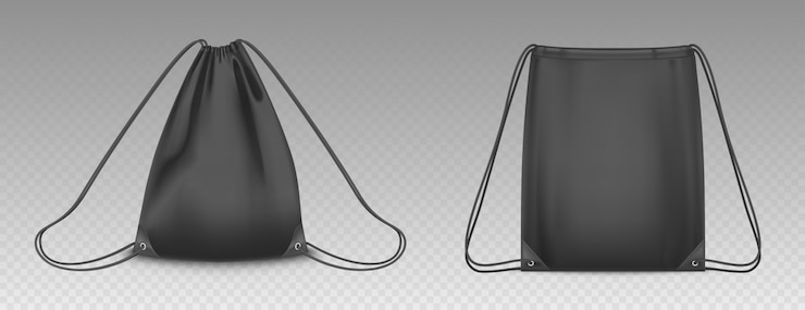 Vetor grátis mochila com cordões isolados. maquete realista de vetor de bolsa escolar para roupas e sapatos, mochilas esporte vazio e cheio de preto com cordas