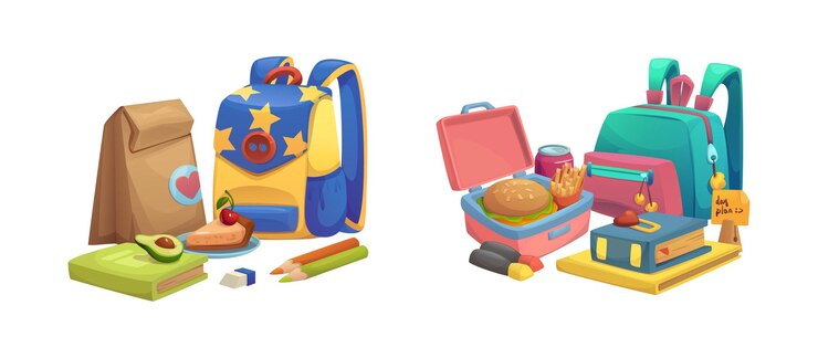 Vetor grátis mochila de criança e caixa de almoço para ilustração escolar