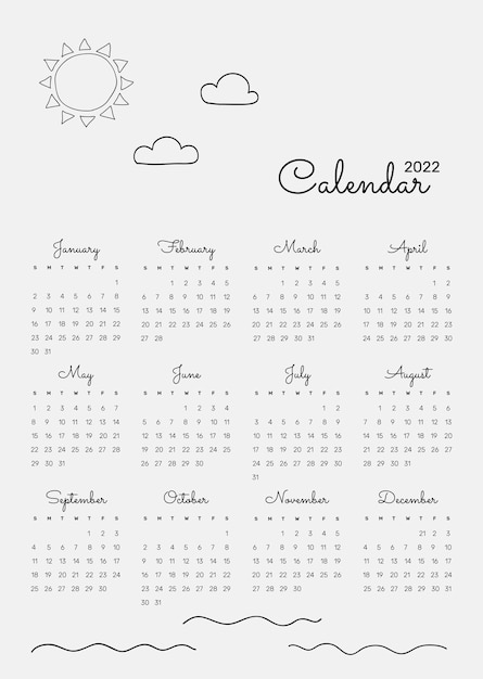 Modelo bonito de calendário mensal de 2022, vetor mínimo de ilustração de doodle