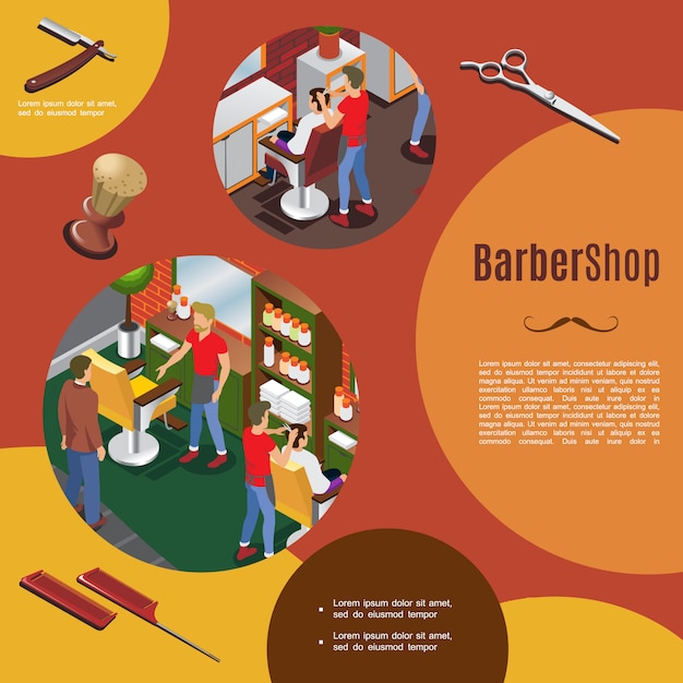 Modelo colorido de barbearia isométrica com cabeleireiros e clientes objetos interiores navalha tesoura pentes escova