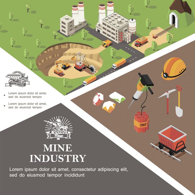 Modelo colorido de indústria de mineração isométrica com máquinas industriais fábrica mina pedras preciosas mineiro capacete carrinho dinamite martelo broca pá picareta
