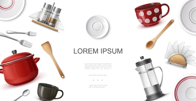 Modelo colorido realista de utensílios de cozinha com xícaras de café pratos garfos colheres espátula bule de chá panela porta-guardanapos saleiro e pimenteiro