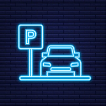 Modelo com estacionamento. logotipo, ícone, etiqueta. estacionamento em fundo branco. ícone de néon. elemento da web. ilustração em vetor das ações.