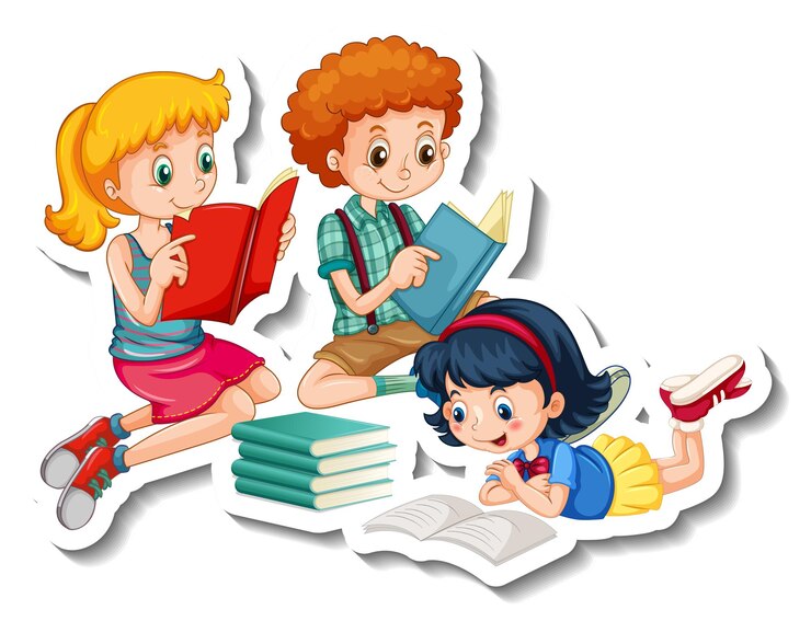 Vetor grátis modelo de adesivo com crianças lendo seus livros sobre fundo branco