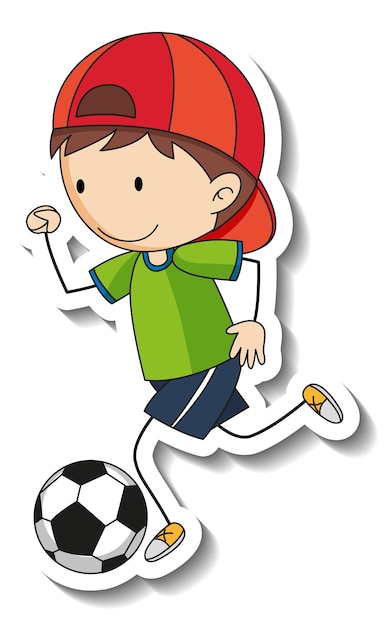 Modelo de adesivo com um menino jogando futebol, personagem de desenho animado isolado