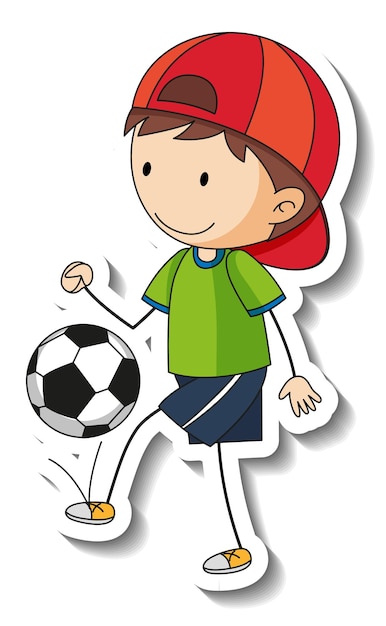 Modelo de adesivo com um menino jogando futebol, personagem de desenho animado isolado