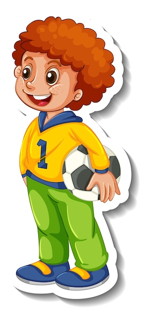 Vetor grátis modelo de adesivo com um menino segurando uma bola de futebol isolada