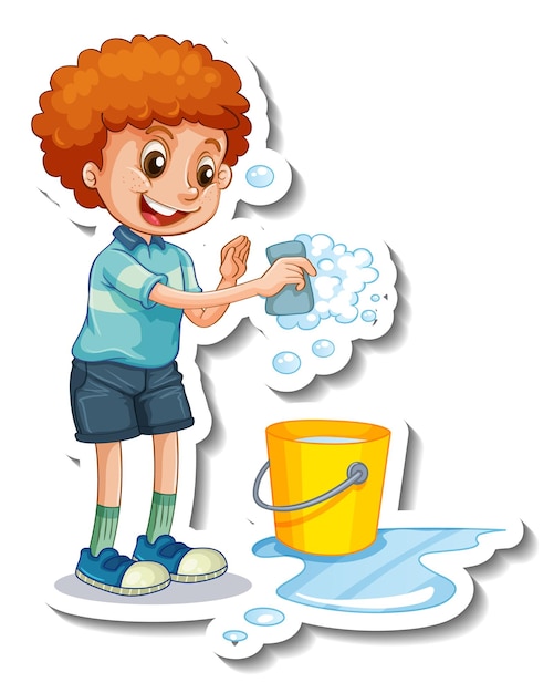 Vetor grátis modelo de adesivo com um menino segurando uma esponja para limpar isolado