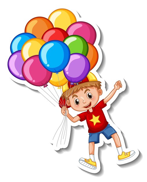 Modelo de adesivo com um menino voando com muitos balões isolados