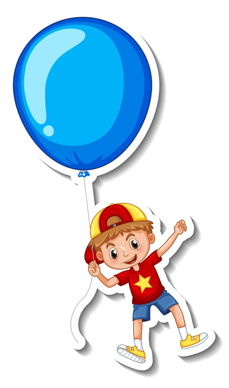 Vetor grátis modelo de adesivo com um menino voando com um grande balão isolado