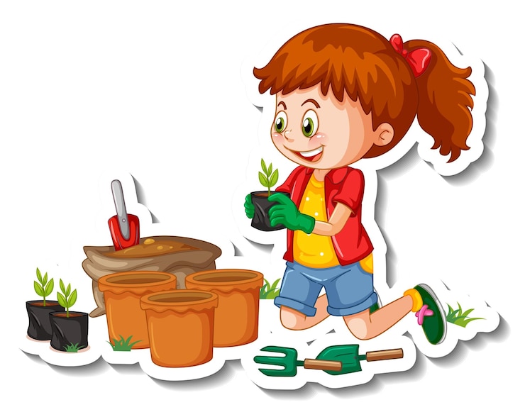 Vetor grátis modelo de adesivo com um personagem de desenho animado de menina plantando isolado
