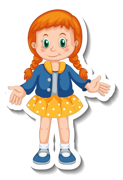 Modelo de adesivo com uma garota em pé posando de personagem de desenho animado isolado