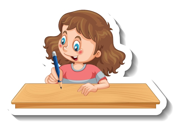 Modelo de adesivo com uma garota escrevendo sobre o personagem de desenho animado da mesa isolado