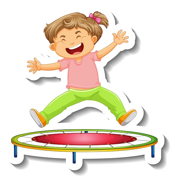 Modelo de adesivo com uma menina pulando no personagem de desenho animado da cama elástica isolada