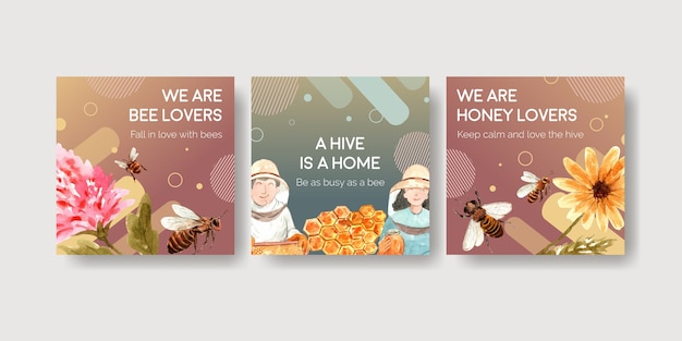 Modelo de anúncios com mel para marketing e propaganda em aquarela