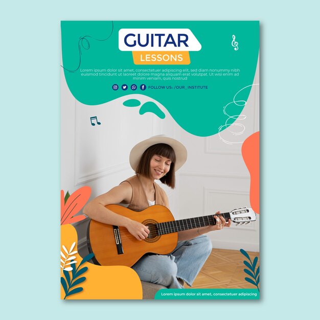 Modelo de aulas de guitarra de design plano desenhado à mão