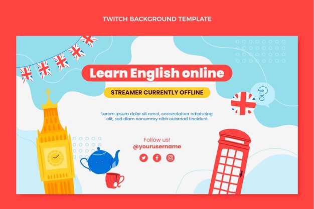 Modelo de aulas de inglês de design plano desenhado à mão