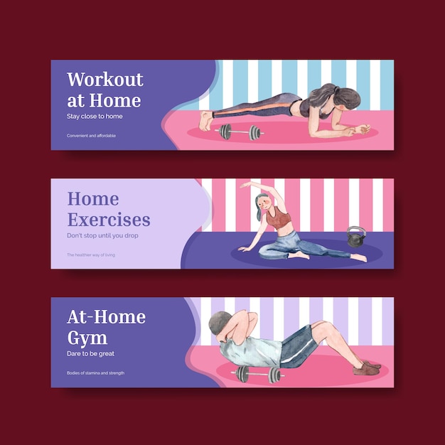 Vetor grátis modelo de banner com conceito de exercício em casa, estilo aquarela