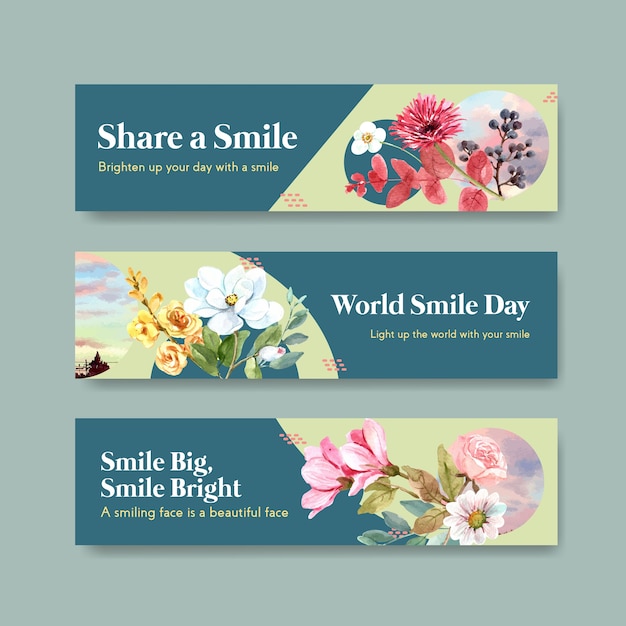 Modelo de banner com design de buquê de flores para o conceito de dia mundial do sorriso para anunciar e marketing de ilustração vetorial aquarela.