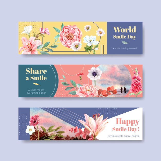 Modelo de banner com design de buquê de flores para o conceito de dia mundial do sorriso para anunciar e marketing de ilustração vetorial aquarela.