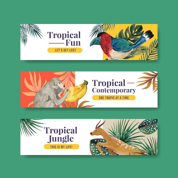 Modelo de banner com design de conceito contemporâneo tropical para publicidade e marketing de ilustração em aquarela