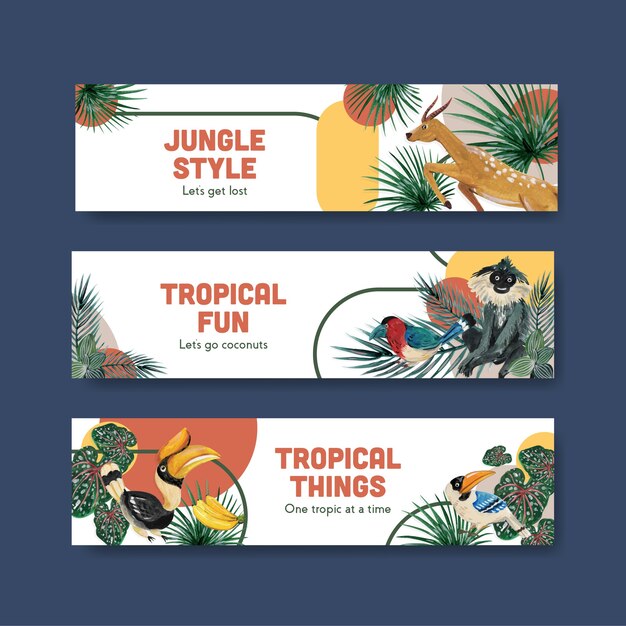 Vetor grátis modelo de banner com design de conceito contemporâneo tropical para publicidade e marketing de ilustração em aquarela