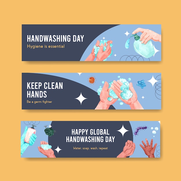 Modelo de banner com design de conceito de dia de lavagem de mãos global para publicidade e marketing de aquarela