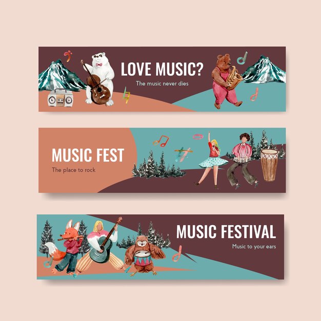 Modelo de banner com design de conceito de festival de música para publicidade e marketing de ilustração vetorial aquarela