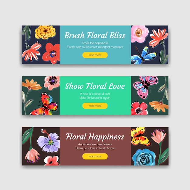 Modelo de banner com design de conceito de pincel floral para propaganda e marketing de aquarela