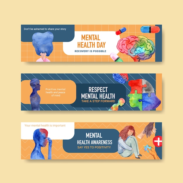 Vetor grátis modelo de banner com design de conceito do dia mundial da saúde mental para anunciar e marketing ilustração vetorial aquarela.