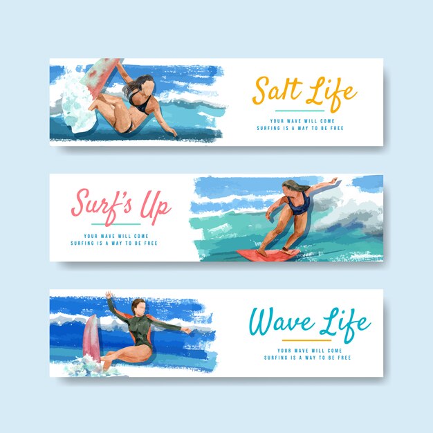 Modelo de banner com pranchas de surf na praia