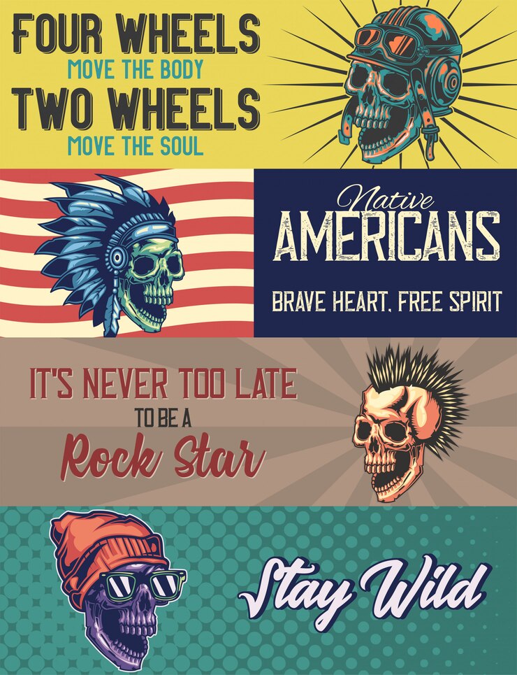 Vetor grátis modelo de banner da web com ilustrações de uma caveira com capacete, nativo americano, punk, caveira com uma tampa.