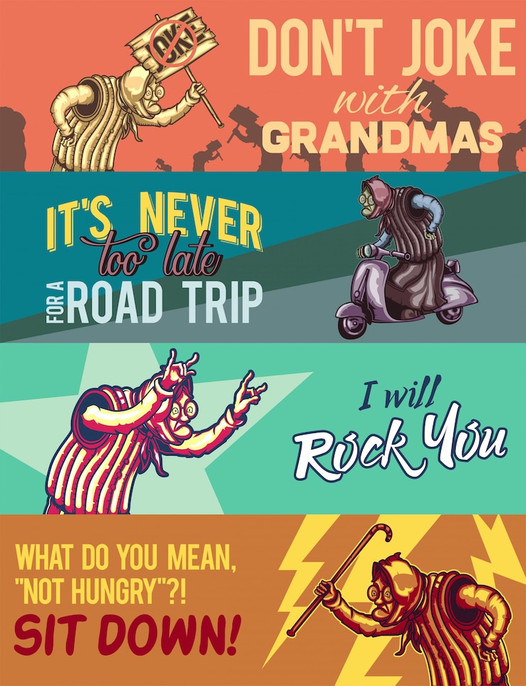 Vetor grátis modelo de banner da web com ilustrações de uma senhora idosa com placa de madeira, scooter, balanço e com uma vara.