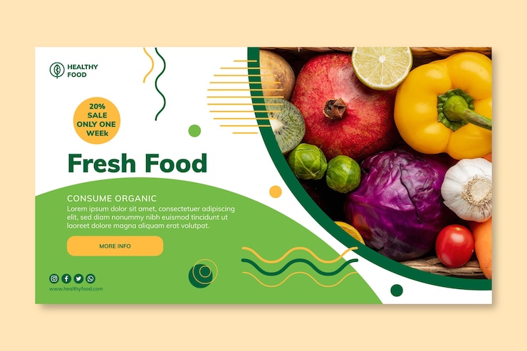 Vetor grátis modelo de banner de alimentos biológicos e saudáveis