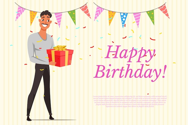 Modelo de banner de feliz aniversário layout de cartão de aniversário com espaço de texto convite para festa de comemoração de aniversário com letras personagem masculino bonito segurando caixa de presente